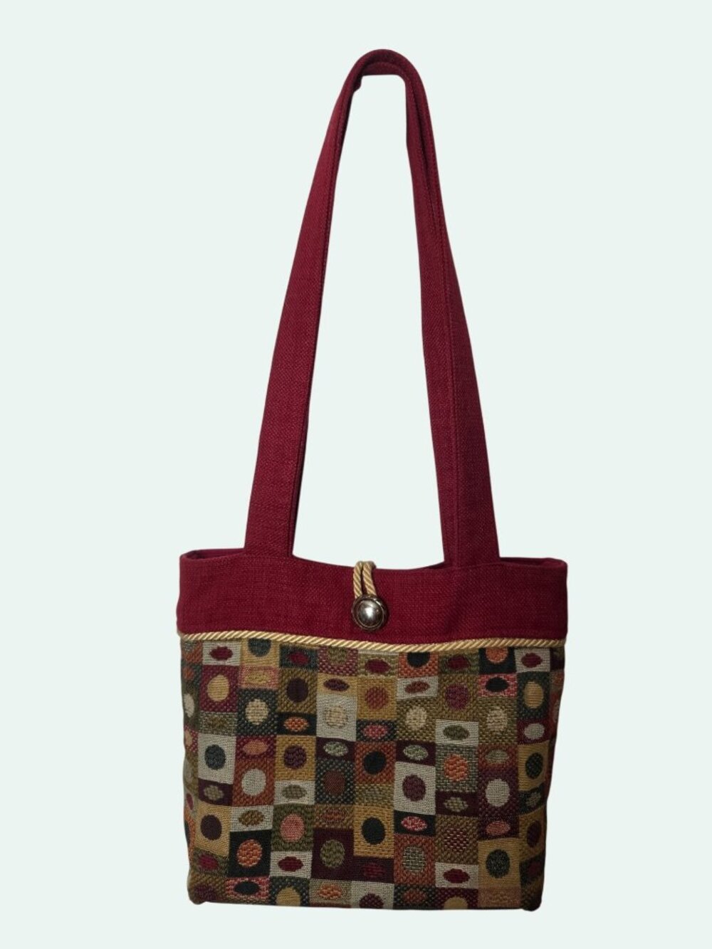 Handcrafted Red & Multi-Colored Geometric Tote Button Closure Boho-Chic Vintage